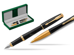 Parker Urban Muted Black GT Fountain Pen + Ballpoint Pen in a Gift Box in the green leather box