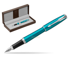 Parker Urban Vibrant Blue CT Fountain Pen in the brown leather box