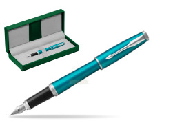 Parker Urban Vibrant Blue CT Fountain Pen in the green leather box