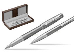 Parker Urban Premium Silvered Powder CT Fountain Pen + Ballpoint Pen in a Gift Box in the brown leather box