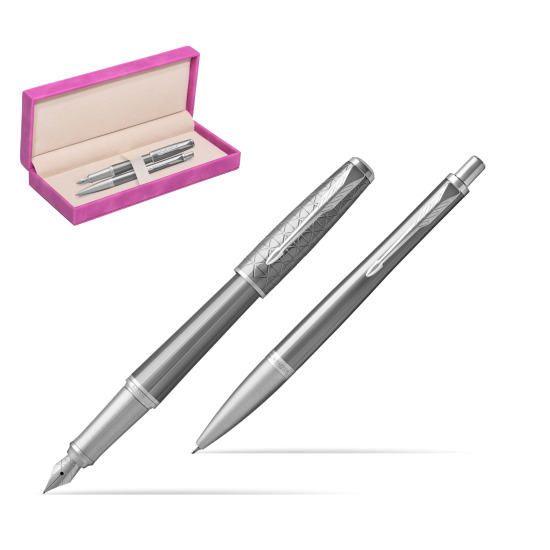Parker Urban Premium Silvered Powder CT Fountain Pen + Ballpoint Pen in a Gift Box in suede box fuchsia