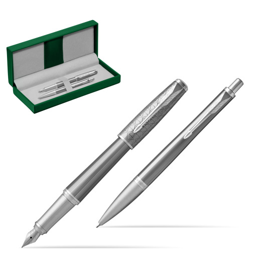 Parker Urban Premium Silvered Powder CT Fountain Pen + Ballpoint Pen in a Gift Box in the green leather box