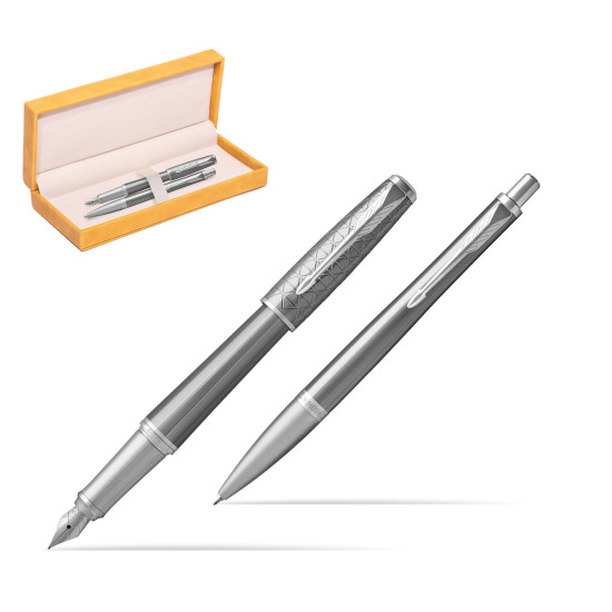 Parker Urban Premium Silvered Powder CT Fountain Pen + Ballpoint Pen in a Gift Box in suede box yellow