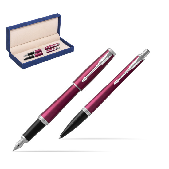 Parker Urban Vibrant Magenta CT Fountain Pen + Ballpoint Pen in a Gift Box in suede box navy blue