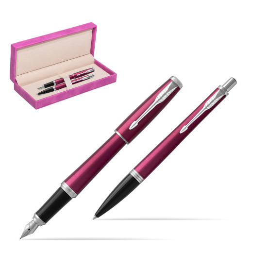 Parker Urban Vibrant Magenta CT Fountain Pen + Ballpoint Pen in a Gift Box in suede box fuchsia