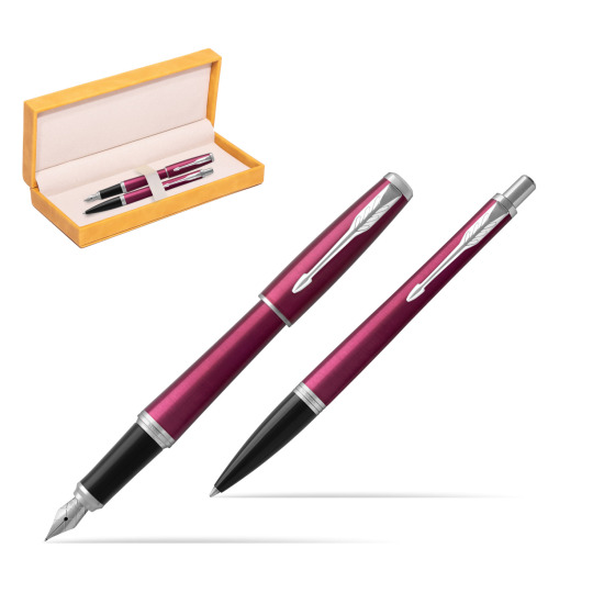 Parker Urban Vibrant Magenta CT Fountain Pen + Ballpoint Pen in a Gift Box in suede box yellow