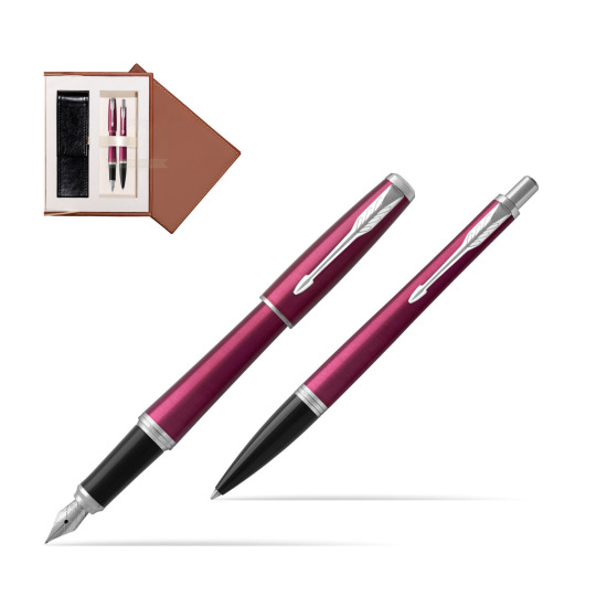 Parker Urban Vibrant Magenta CT Fountain Pen + Ballpoint Pen in a Gift Box in suede box brown