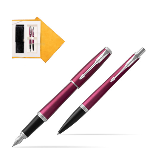 Parker Urban Vibrant Magenta CT Fountain Pen + Ballpoint Pen in a Gift Box in suede box yellow