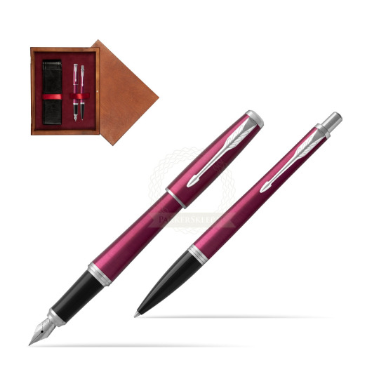 Parker Urban Vibrant Magenta CT Fountain Pen + Ballpoint Pen in a Gift Box in double wooden box Mahogany Double Maroon