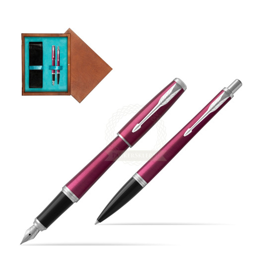 Parker Urban Vibrant Magenta CT Fountain Pen + Ballpoint Pen in a Gift Box in double wooden box Mahogany Double Turquoise 