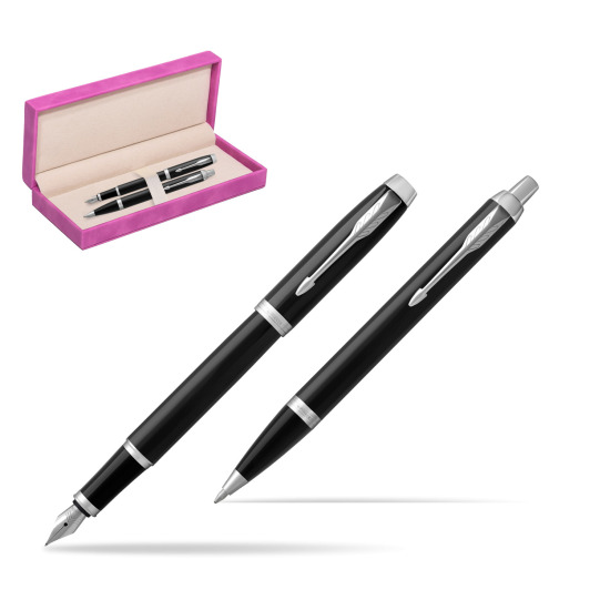 Parker IM Black CT 2016 Fountain Pen + Ballpoint Pen in a Gift Box in suede box fuchsia