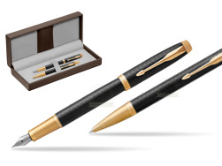 Parker Fountain + Ballpoint Pen Gift Set IM Premium Black GT in the brown leather box