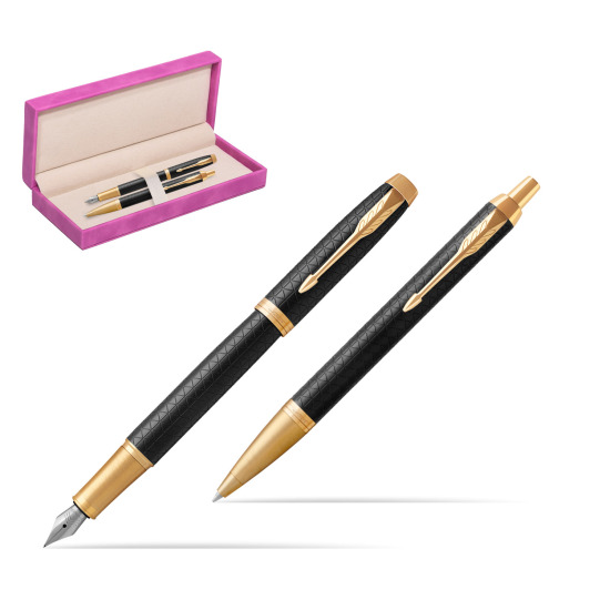 Parker Fountain + Ballpoint Pen Gift Set IM Premium Black GT in suede box fuchsia