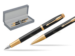 Parker Fountain + Ballpoint Pen Gift Set IM Premium Black GT in suede box grey