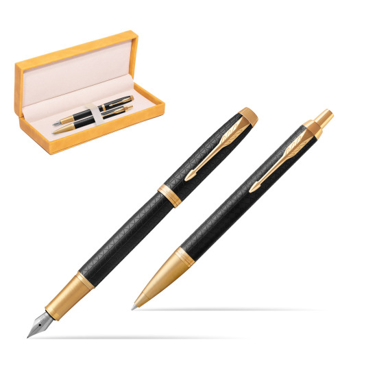 Parker Fountain + Ballpoint Pen Gift Set IM Premium Black GT in suede box yellow