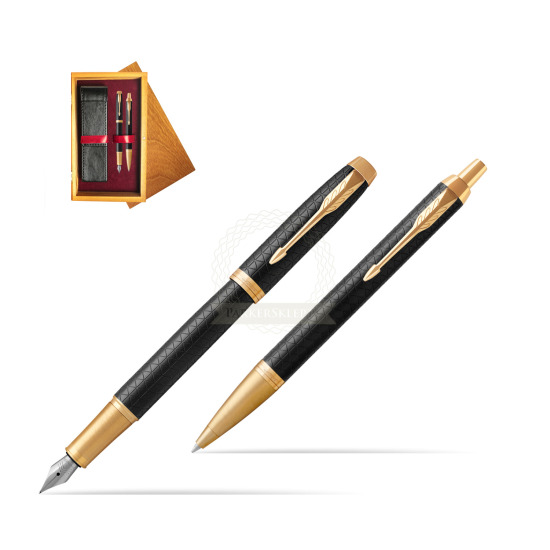 Parker Fountain + Ballpoint Pen Gift Set IM Premium Black GT in double wooden box Honey Double Maroon