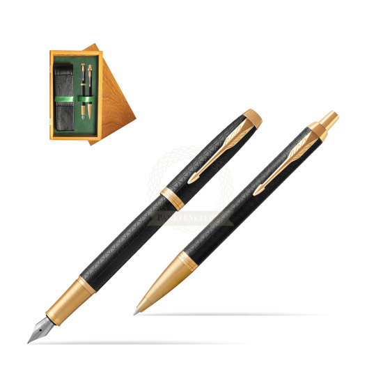 Parker Fountain + Ballpoint Pen Gift Set IM Premium Black GT in double wooden box Honey Green