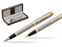 Parker IM Brushed Metal GT Stylo-plume Stylo-plume + Stylo-bille in a Gift Box in the brown leather box
