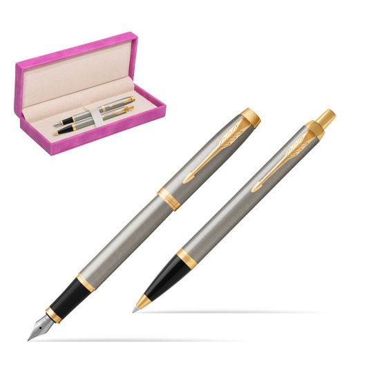 Parker IM Brushed Metal GT Fountain Pen Fountain Pen + Ballpoint Pen in a Gift Box in suede box fuchsia