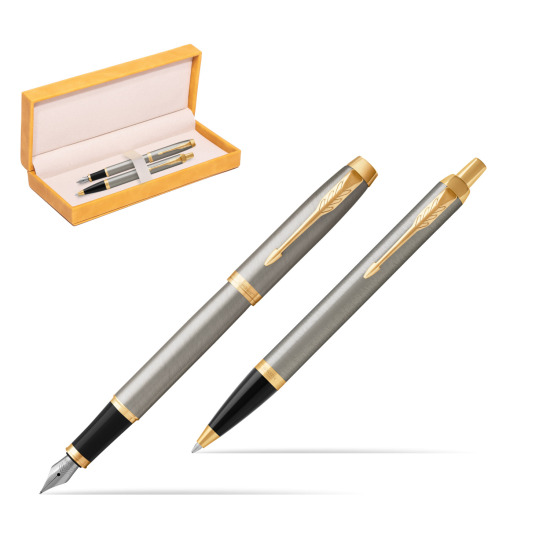 Parker IM Brushed Metal GT Fountain Pen Fountain Pen + Ballpoint Pen in a Gift Box in suede box yellow