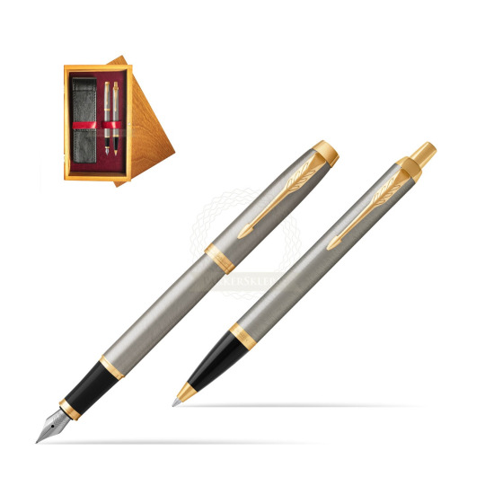 Parker IM Brushed Metal GT Fountain Pen Fountain Pen + Ballpoint Pen in a Gift Box in double wooden box Honey Double Maroon
