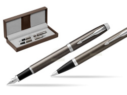 Parker IM Dark Espresso Lacquer CT Stylo-plume Stylo-plume + Stylo-bille in a Gift Box in the brown leather box