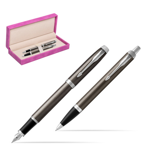 Parker IM Dark Espresso Lacquer CT Fountain Pen Fountain Pen + Ballpoint Pen in a Gift Box in suede box fuchsia