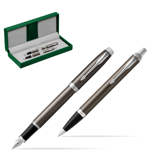Parker IM Dark Espresso Lacquer CT Stylo-plume Stylo-plume + Stylo-bille in a Gift Box in the green leather box