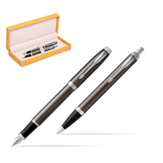 Parker IM Dark Espresso Lacquer CT Fountain Pen Fountain Pen + Ballpoint Pen in a Gift Box in suede box yellow
