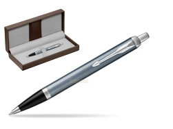 Parker IM Light Blue Grey CT Ballpoint Pen in the brown leather box
