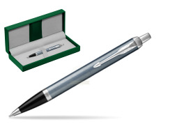 Parker IM Light Blue Grey CT Ballpoint Pen in the green leather box