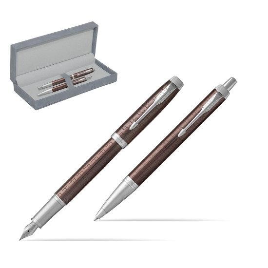 Parker IM Premium Brown CT Fountain Pen + Ballpoint Pen in a Gift Box in suede box grey