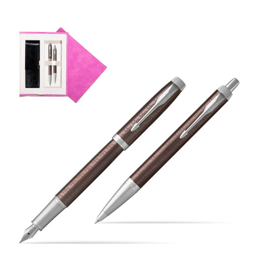 Parker IM Premium Brown CT Fountain Pen + Ballpoint Pen in a Gift Box in suede box fuchsia