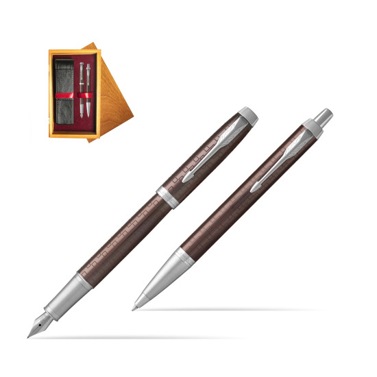 Parker IM Premium Brown CT Fountain Pen + Ballpoint Pen in a Gift Box in double wooden box Honey Double Maroon
