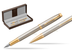 Parker IM Premium Warm Silver GT Stylo-plume + Stylo-bille in a Gift Box in the brown leather box