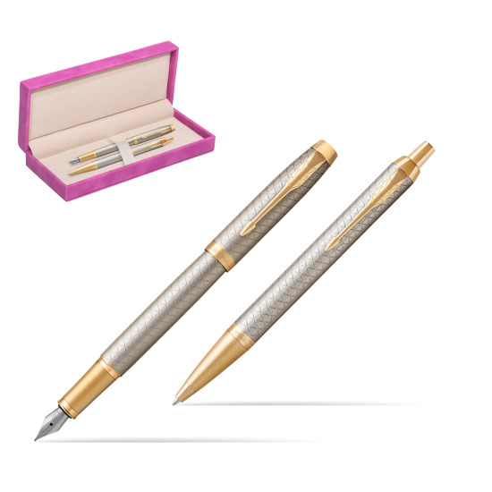 Parker IM Premium Warm Silver GT Fountain Pen + Ballpoint Pen in a Gift Box in suede box fuchsia