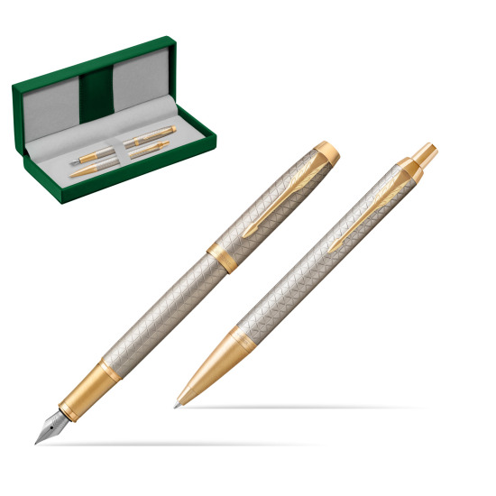Parker IM Premium Warm Silver GT Stylo-plume + Stylo-bille in a Gift Box in the green leather box