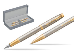 Parker IM Premium Warm Silver GT Fountain Pen + Ballpoint Pen in a Gift Box in suede box grey