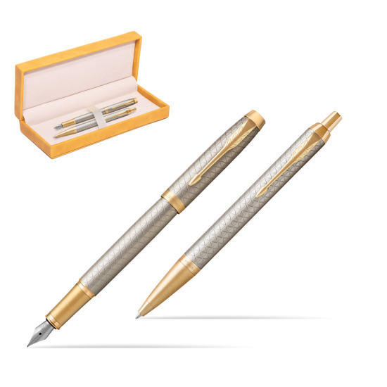 Parker IM Premium Warm Silver GT Fountain Pen + Ballpoint Pen in a Gift Box in suede box yellow
