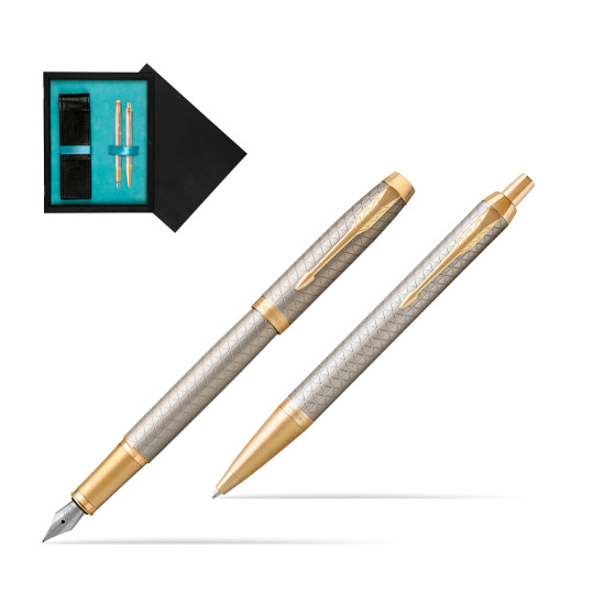 Parker IM Premium Warm Silver GT Fountain Pen + Ballpoint Pen in a Gift Box in double wooden box Black Double Turquoise