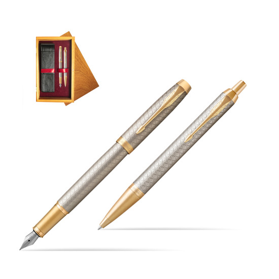 Parker IM Premium Warm Silver GT Fountain Pen + Ballpoint Pen in a Gift Box in double wooden box Honey Double Maroon