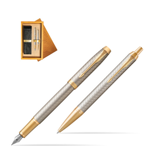 Parker IM Premium Warm Silver GT Fountain Pen + Ballpoint Pen in a Gift Box in double wooden box Honey Double Ecru