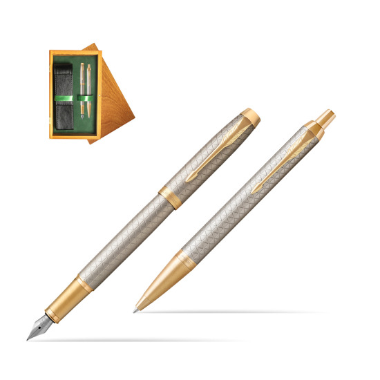 Parker IM Premium Warm Silver GT Fountain Pen + Ballpoint Pen in a Gift Box in double wooden box Honey Green