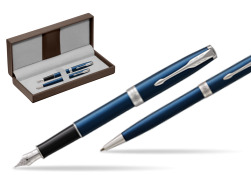 Parker Sonnet Blue CT Fountain Pen + Ballpoint Pen in a Gift Box in the brown leather box