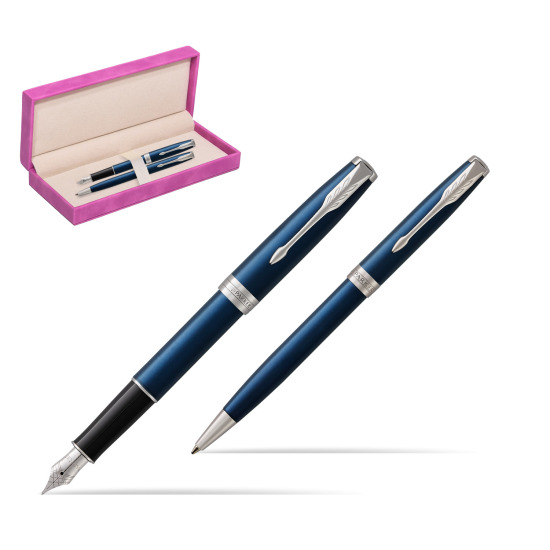 Parker Sonnet Blue CT Fountain Pen + Ballpoint Pen in a Gift Box in suede box fuchsia
