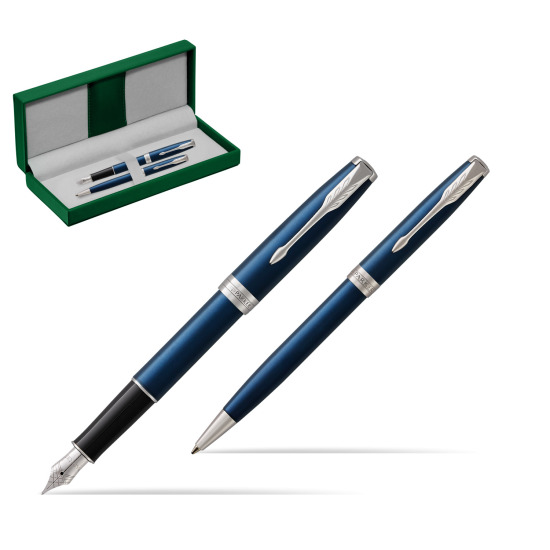 Parker Sonnet Blue CT Fountain Pen + Ballpoint Pen in a Gift Box in the green leather box