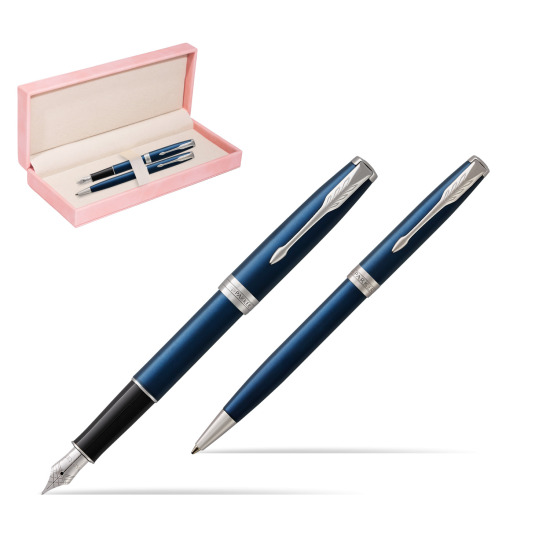 Parker Sonnet Blue CT Fountain Pen + Ballpoint Pen in a Gift Box in suede box pink