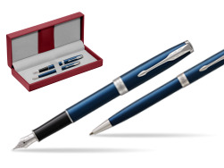 Parker Sonnet Blue CT Fountain Pen + Ballpoint Pen in a Gift Box in the red leather box