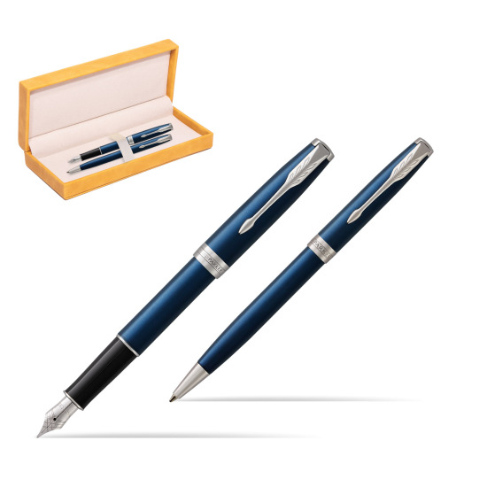 Parker Sonnet Blue CT Fountain Pen + Ballpoint Pen in a Gift Box in suede box yellow