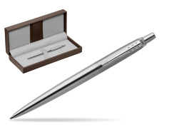 Parker Jotter Stainless Steel Chrome Colour Trim Ballpoint Pen in the brown leather box
